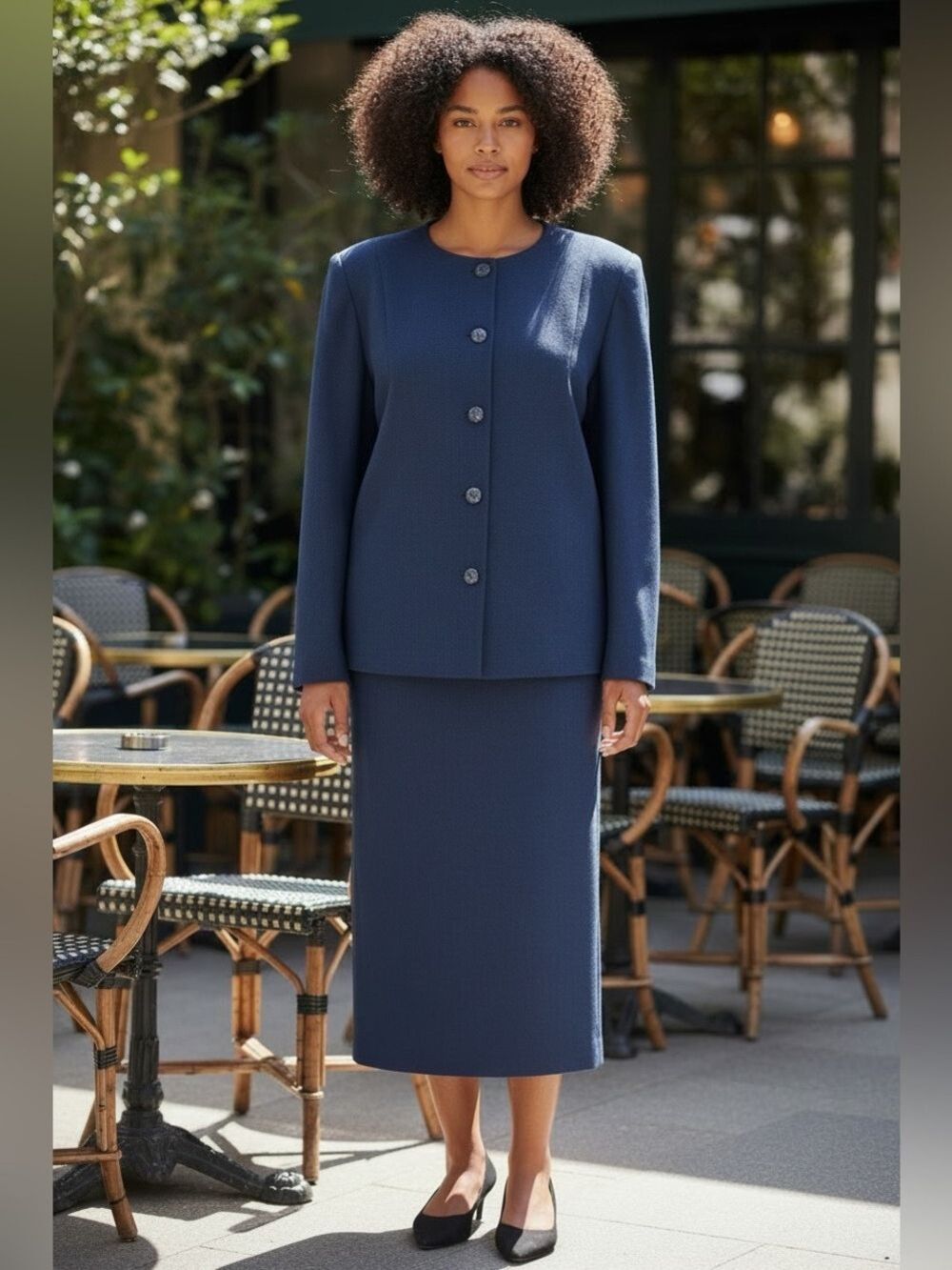 90s PENDLETON 2PC BLUE WOOL SUIT COLLARLESS BOXY JACKET & A-LINE MIDI SKIRT 22W